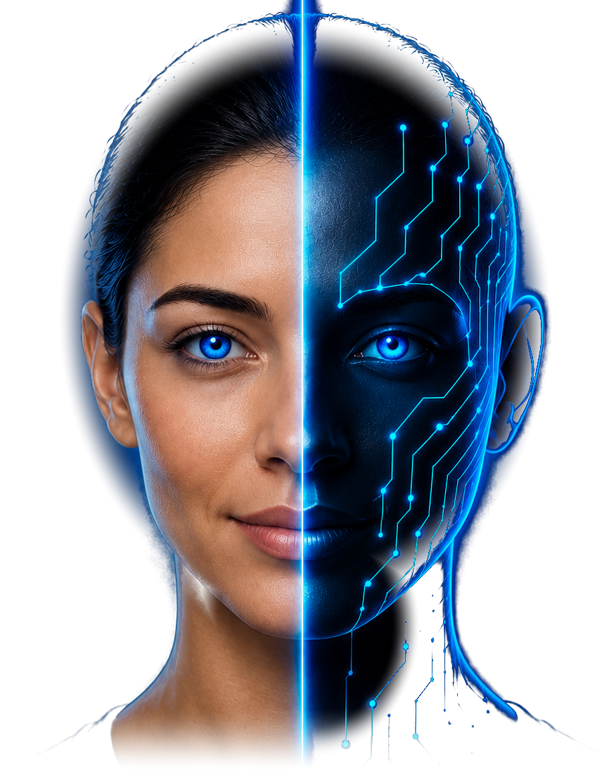 Humanproblem.ai — a face split down the center, one half human, one half glowing AI circuitry, both with bright blue eyes