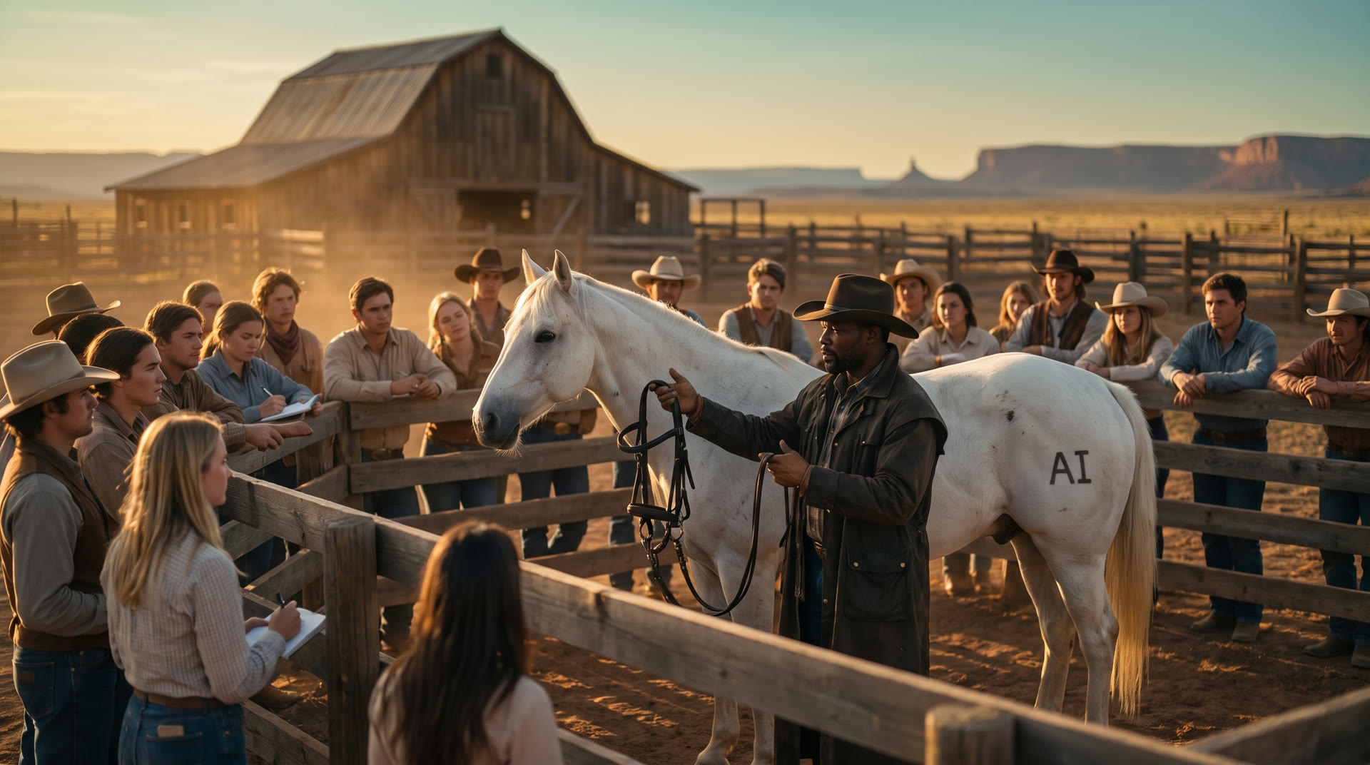 An instructor in a cowboy hat holding a bridle up to an AI-marked white horse in a corral, teaching a group of students who watch and take notes, a weathered barn behind them at golden hour.