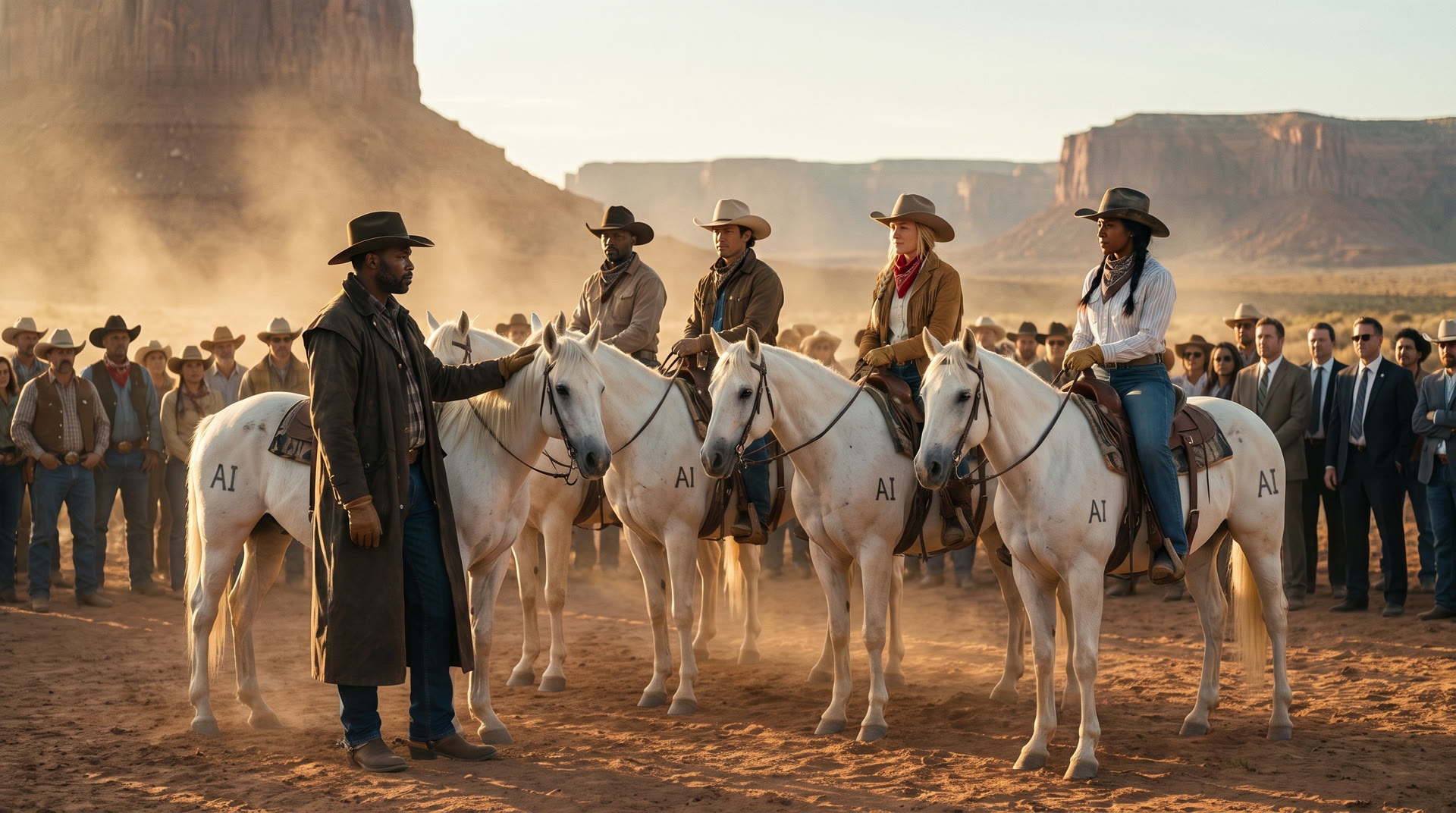 A lead rider presenting a crew of four testers mounted on AI-marked horses to a crowd of onlookers, some in business suits, in a desert canyon at golden hour.