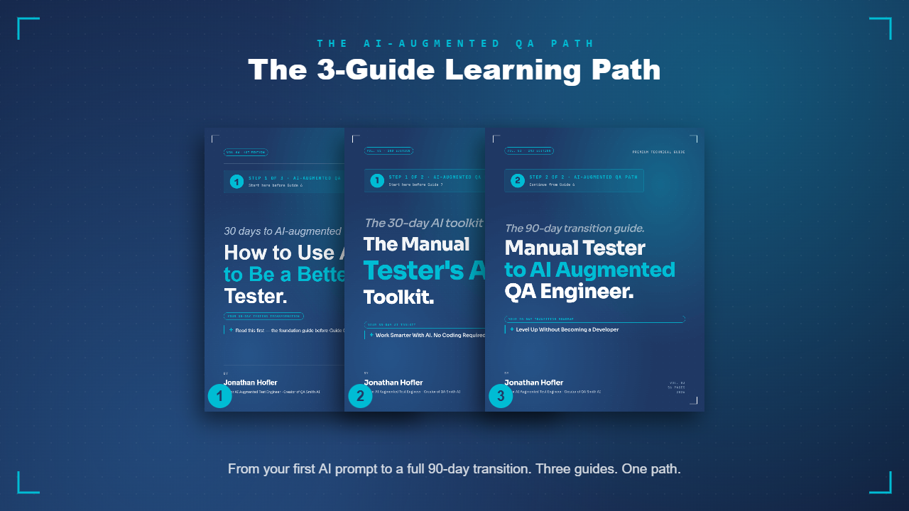 The AI-Augmented QA Path — the 3-guide learning path, Guide 1 through Guide 3