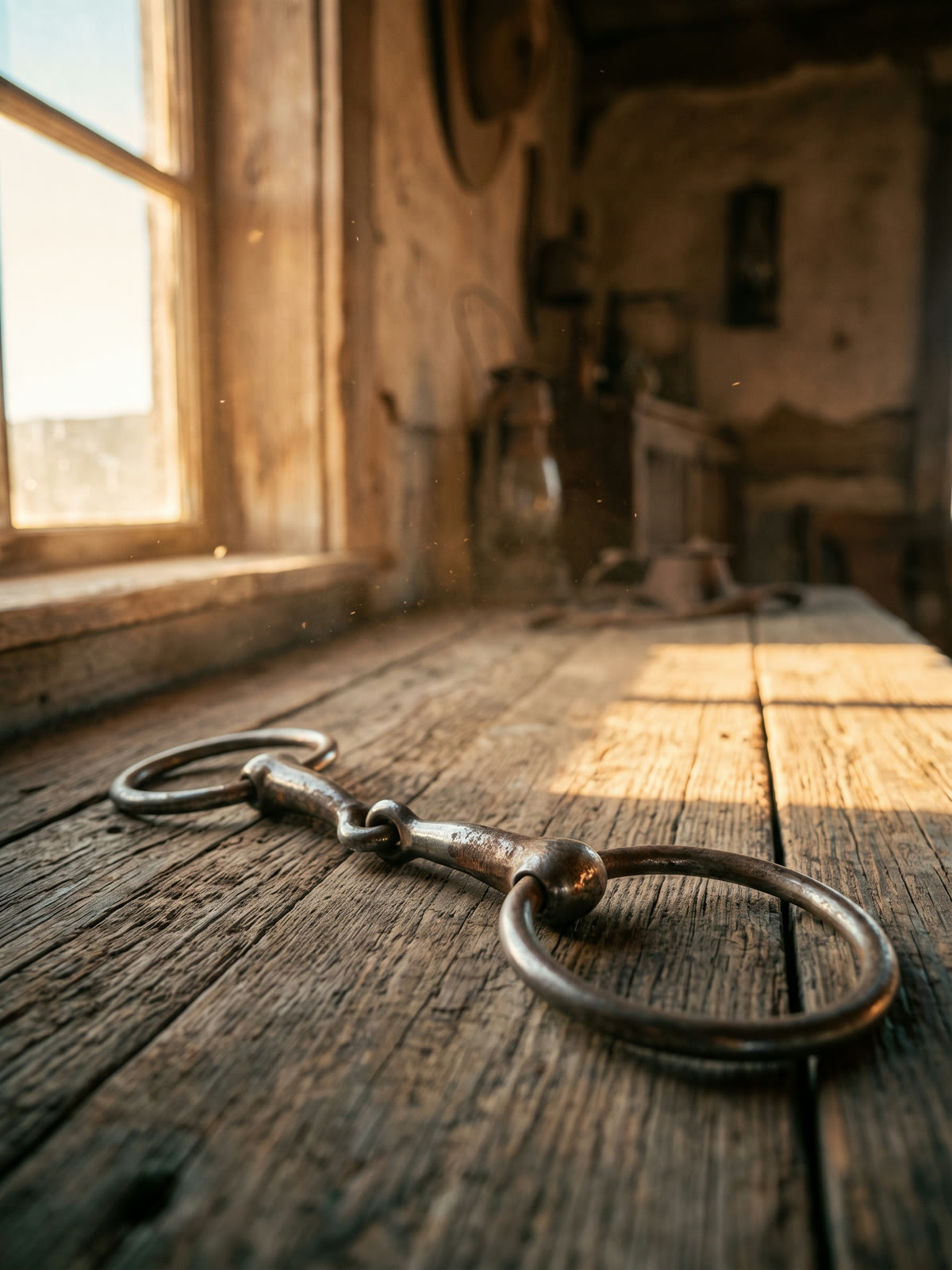 A metal horse bit with two rings resting on rough wooden floorboards.