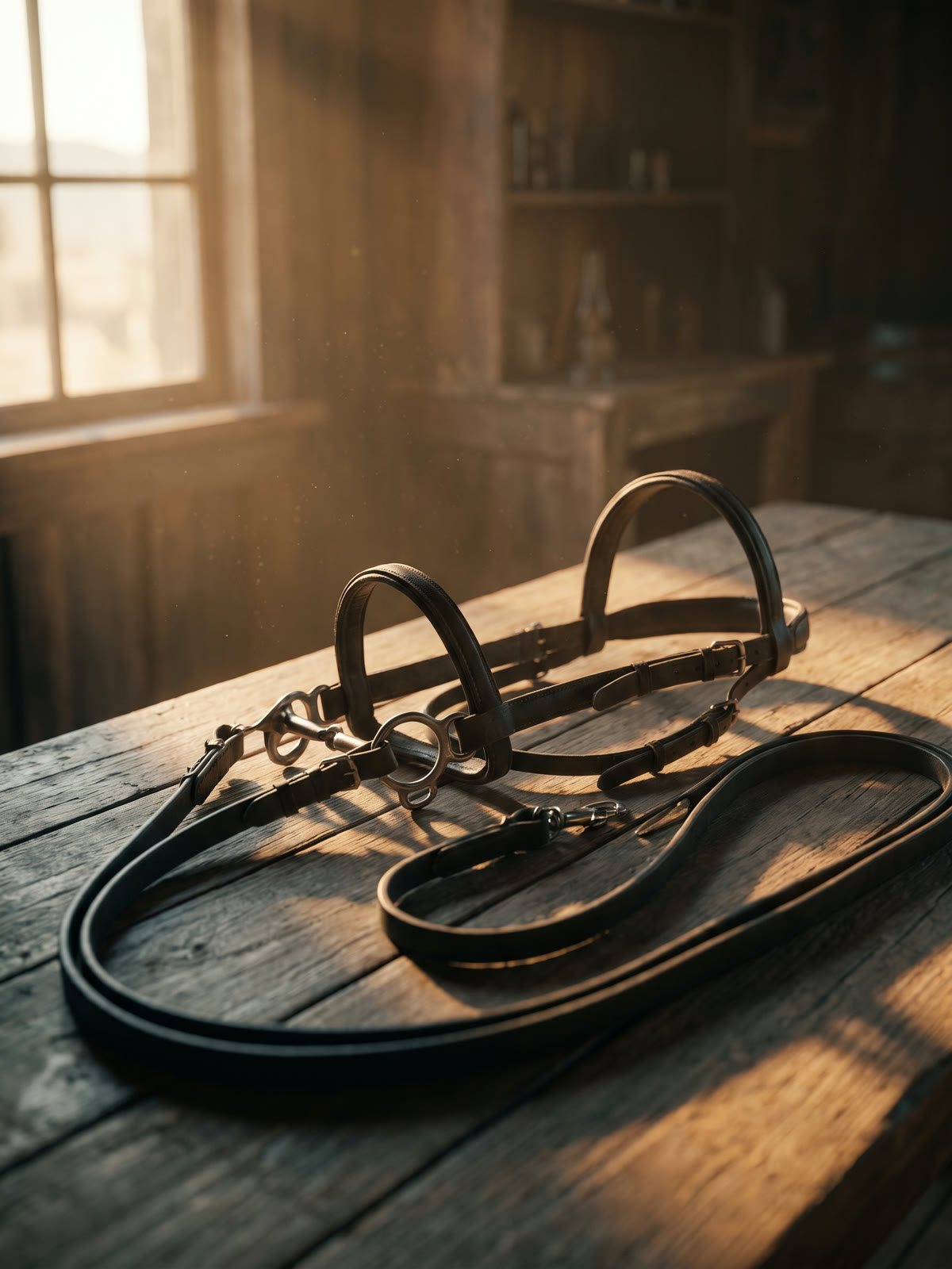 A leather horse bridle and reins coiled on a sunlit wooden table.
