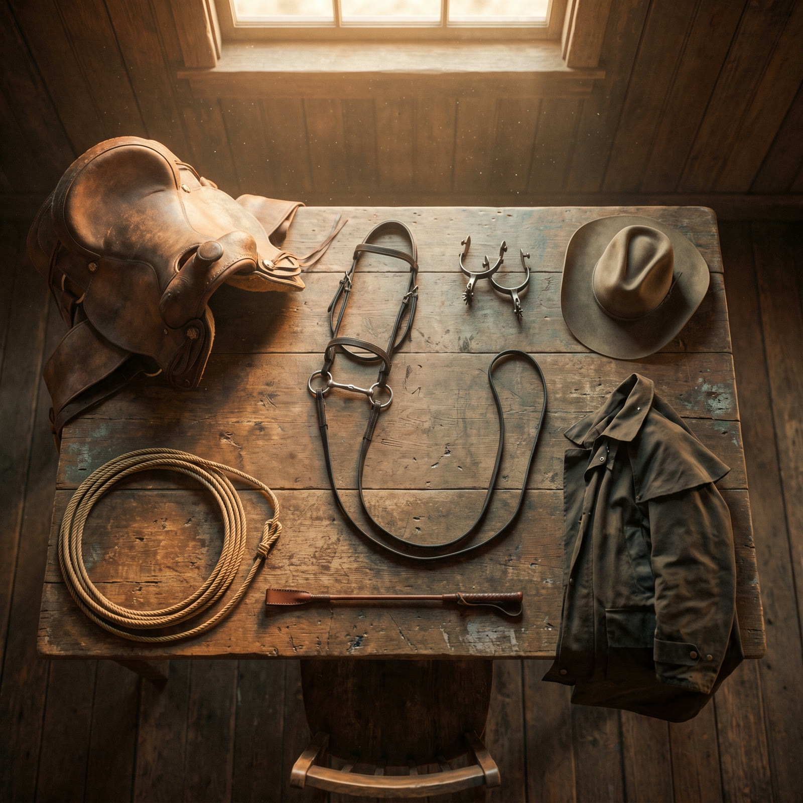 An overhead shot of a wooden tack-room table lit by a window, with a leather saddle, bridle and bit, spurs, a felt hat, a coiled lasso, a riding crop, and a canvas duster all laid out together.
