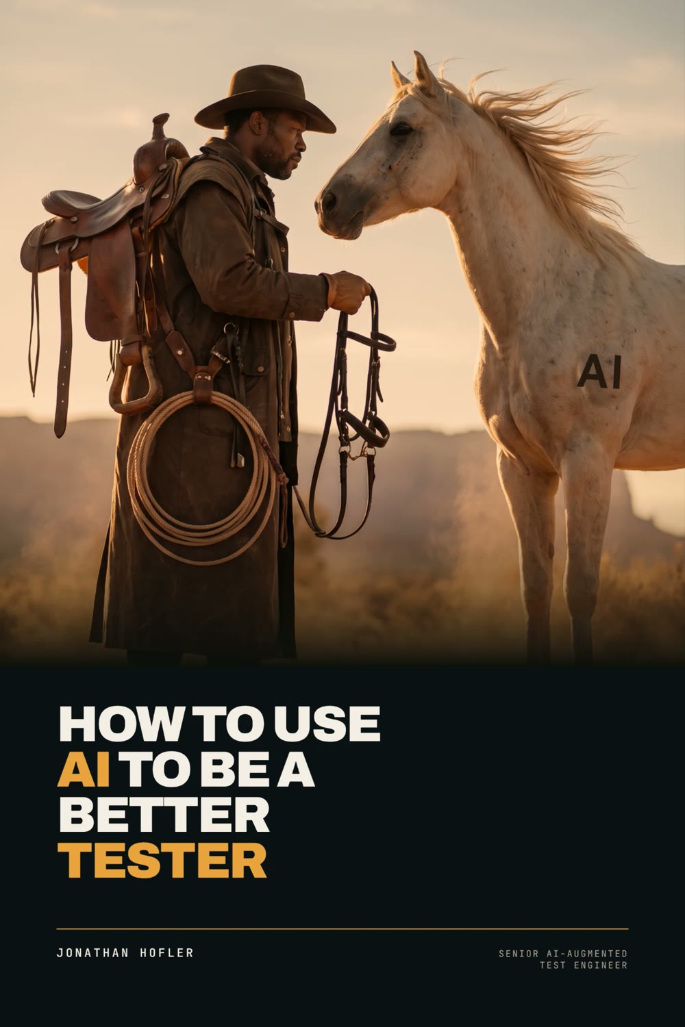 Cover for 'How to Use AI to Be a Better Tester': a cowboy meeting a white horse branded AI at golden hour.
