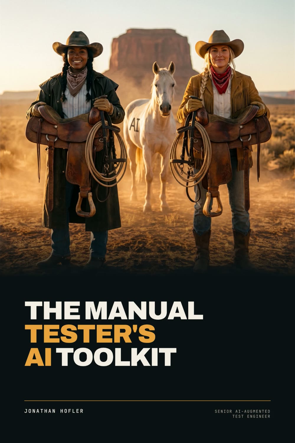 Cover for 'The Manual Tester's AI Toolkit': two cowgirls holding saddles beside a white horse branded AI in Monument Valley.