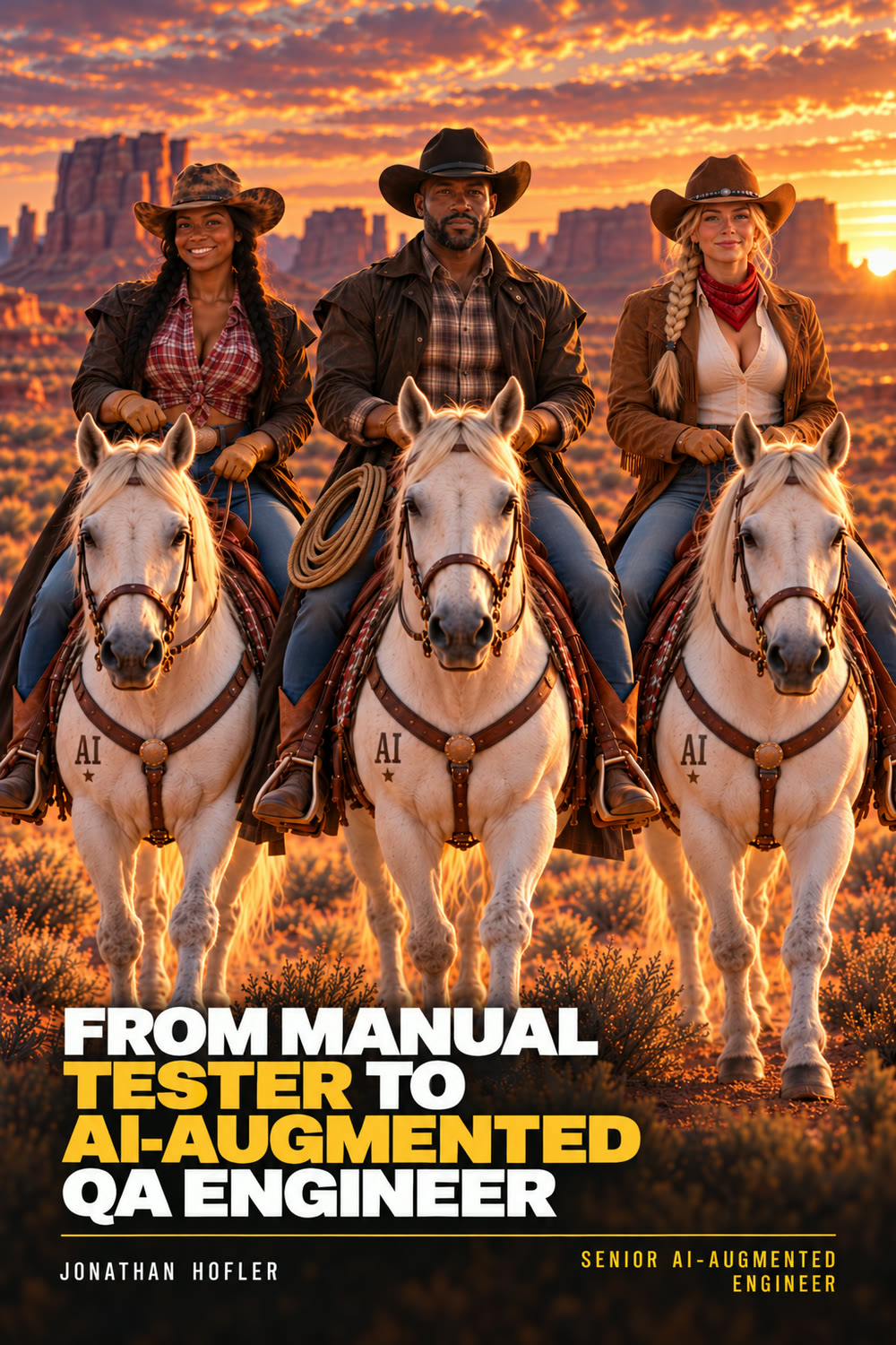 Cover for 'From Manual Tester to AI-Augmented QA Engineer': three riders holding their gear with a white horse branded AI.