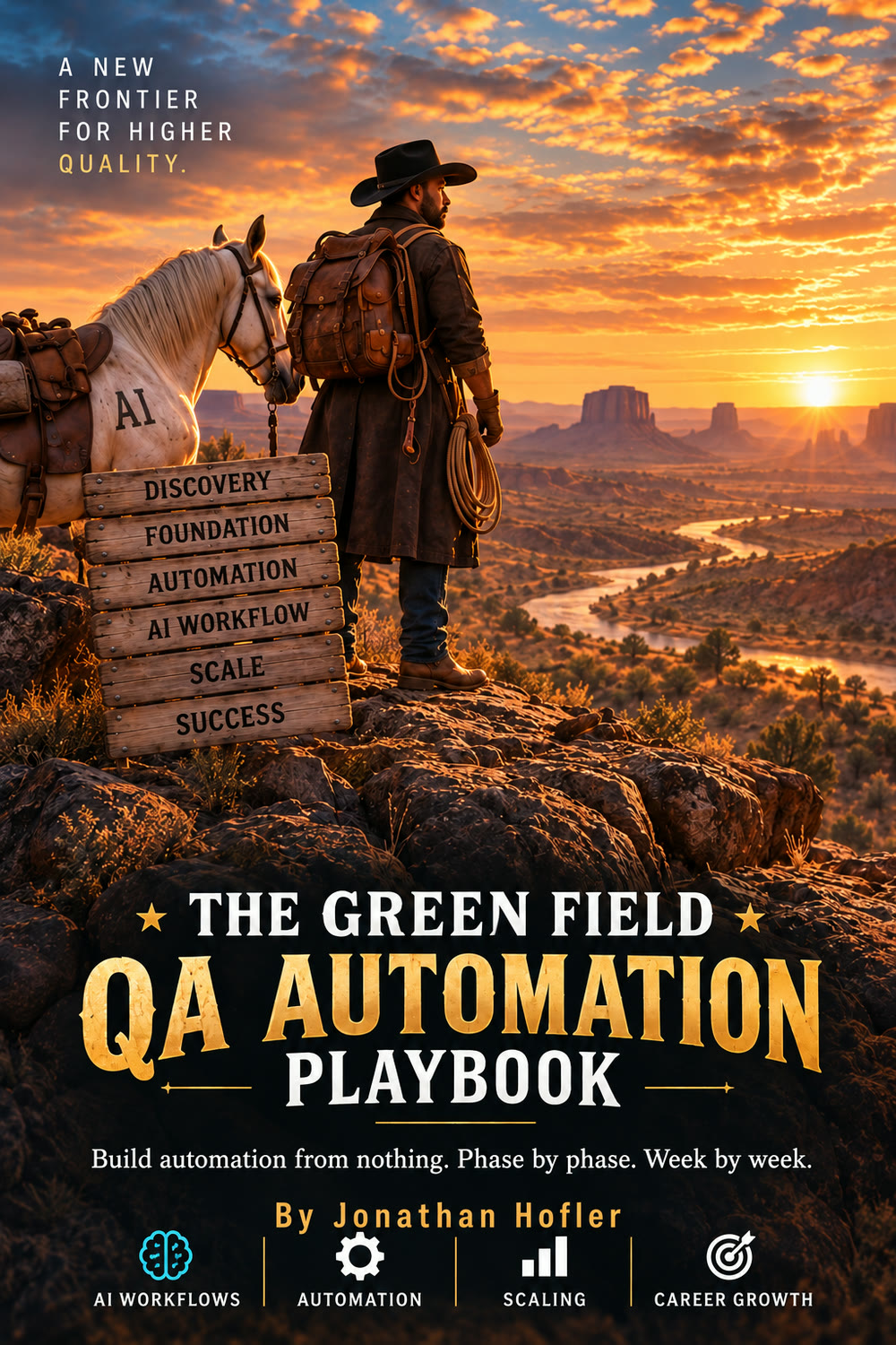 Cover for 'The Greenfield Automation Playbook': a cowboy with a pack beside a white horse branded AI, overlooking a canyon at sunset next to a signpost reading Discovery, Foundation, Automation, AI Workflow, Scale, Success.