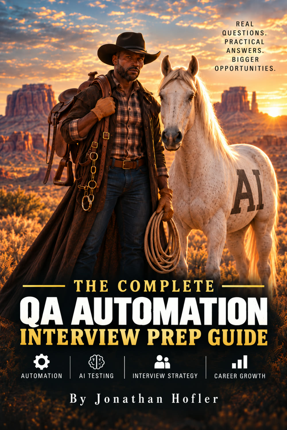 Cover for 'The Complete QA Automation Interview Prep Guide': a cowboy carrying a saddle and lasso beside a white horse branded AI at sunset.