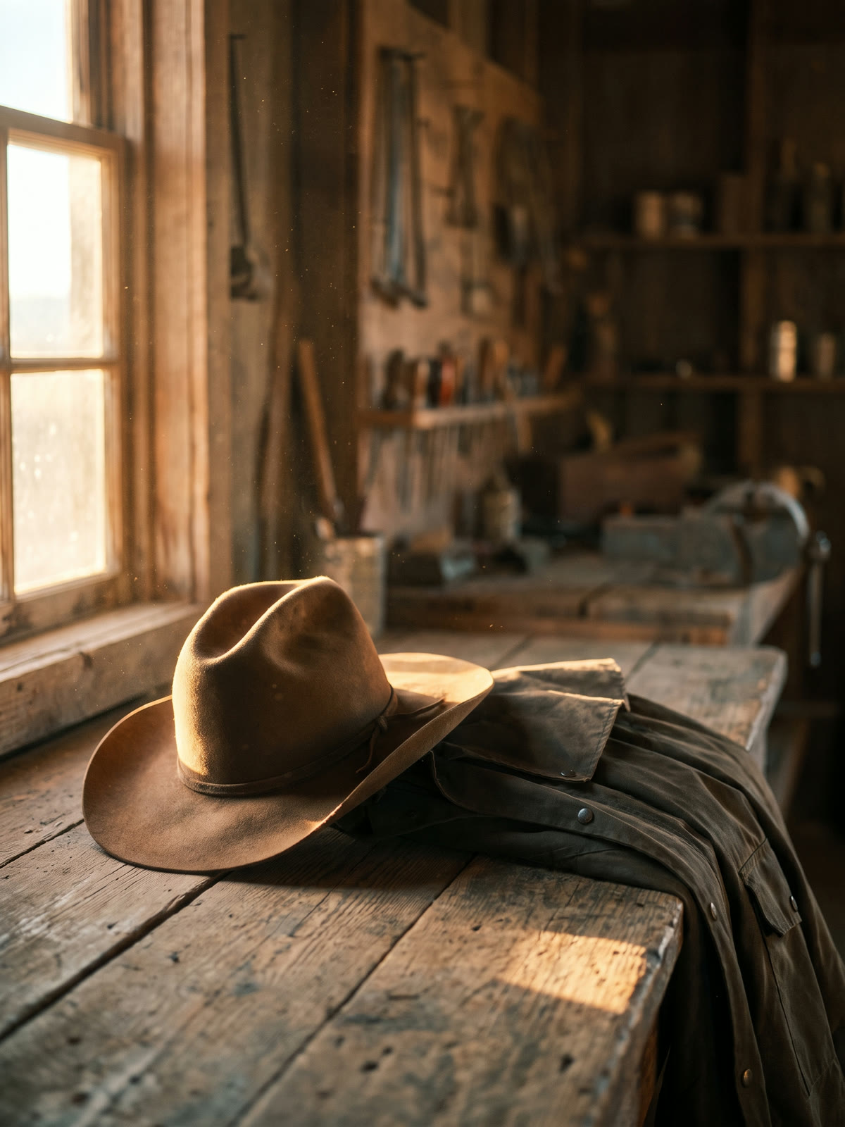 A tan felt cowboy hat resting beside a folded canvas duster coat.