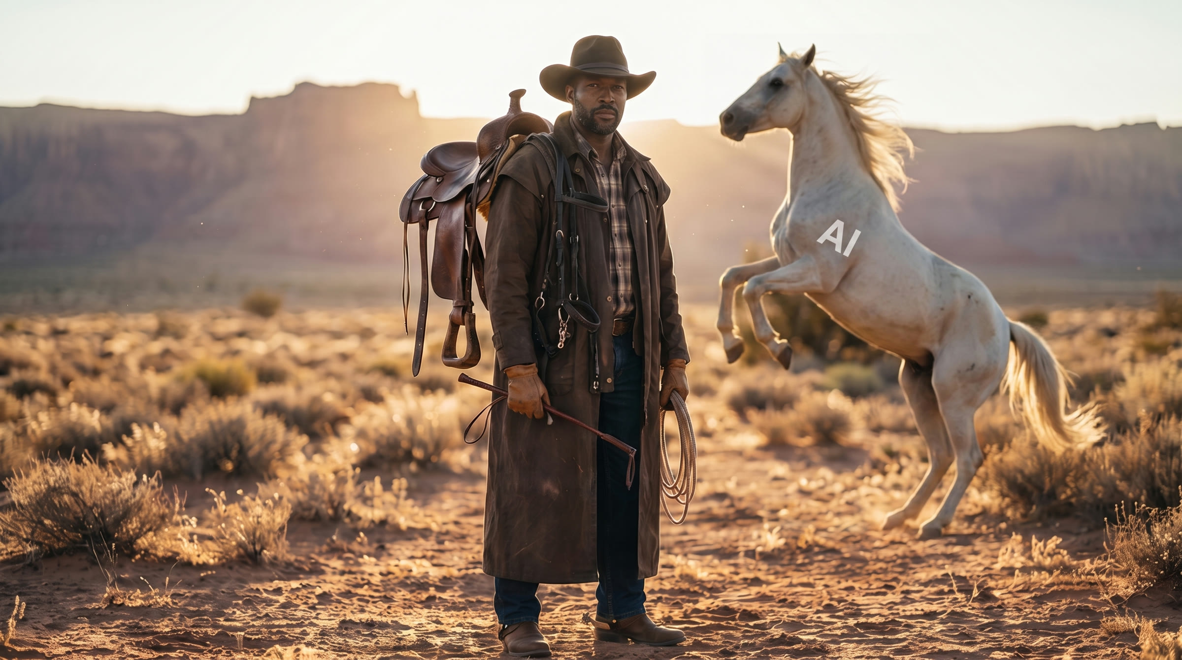 A cowboy standing in the desert at golden hour with a saddle over one shoulder and a lasso and riding crop in hand, facing a white horse rearing beside him, branded AI.