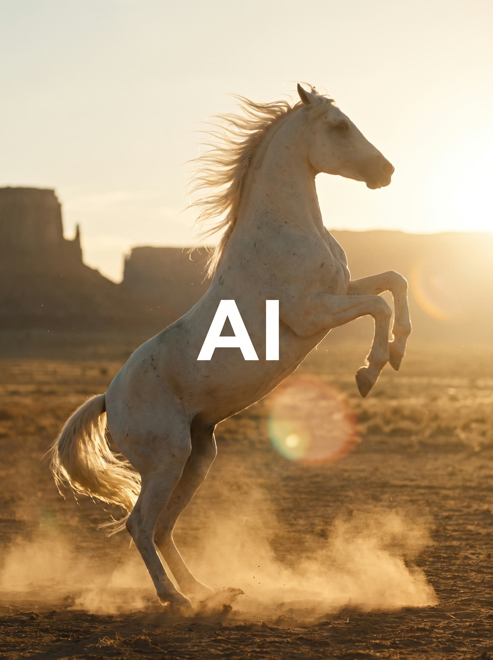 A white horse rearing alone in an open desert at golden hour, dust kicked up beneath it.