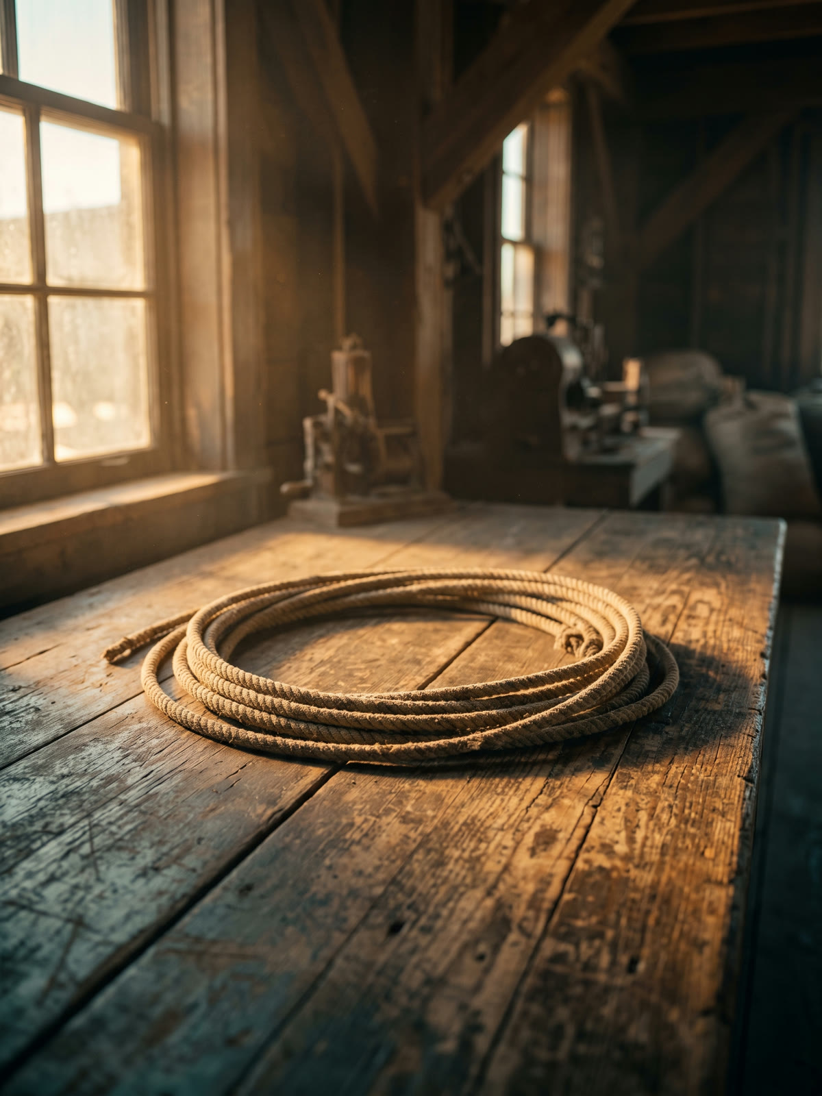 A coiled rope lasso resting on a weathered wooden table.