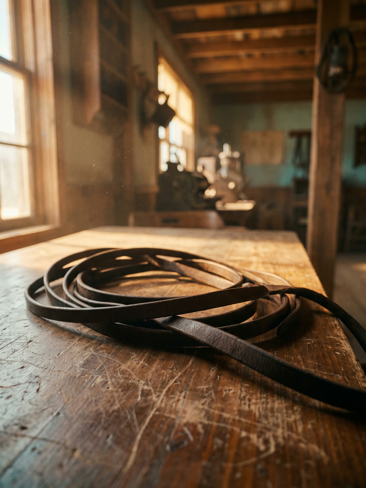 A long coil of dark leather reins laid across a scarred wooden workbench.