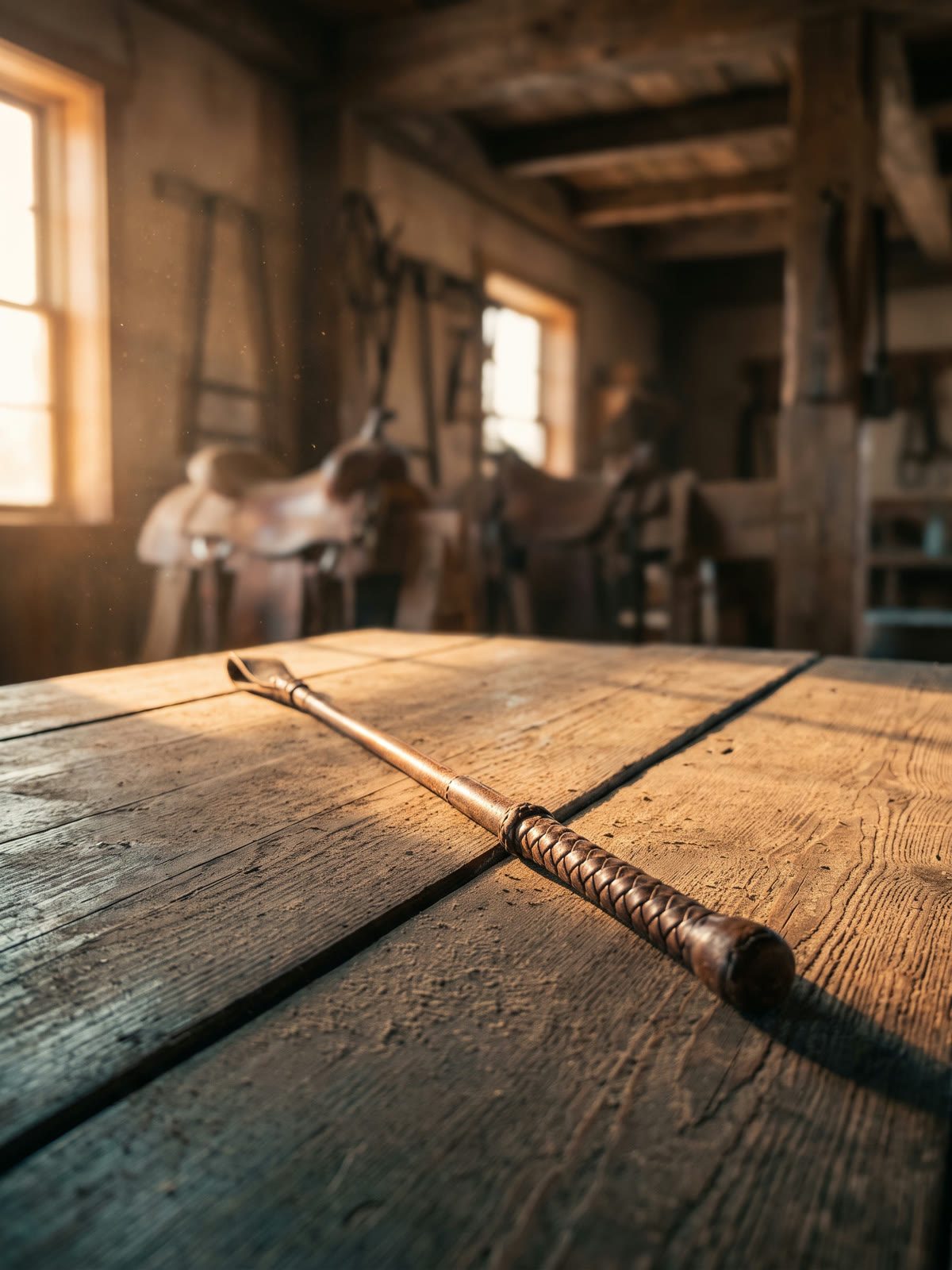 A leather riding crop with a braided grip laid diagonally across a sunlit wooden table.