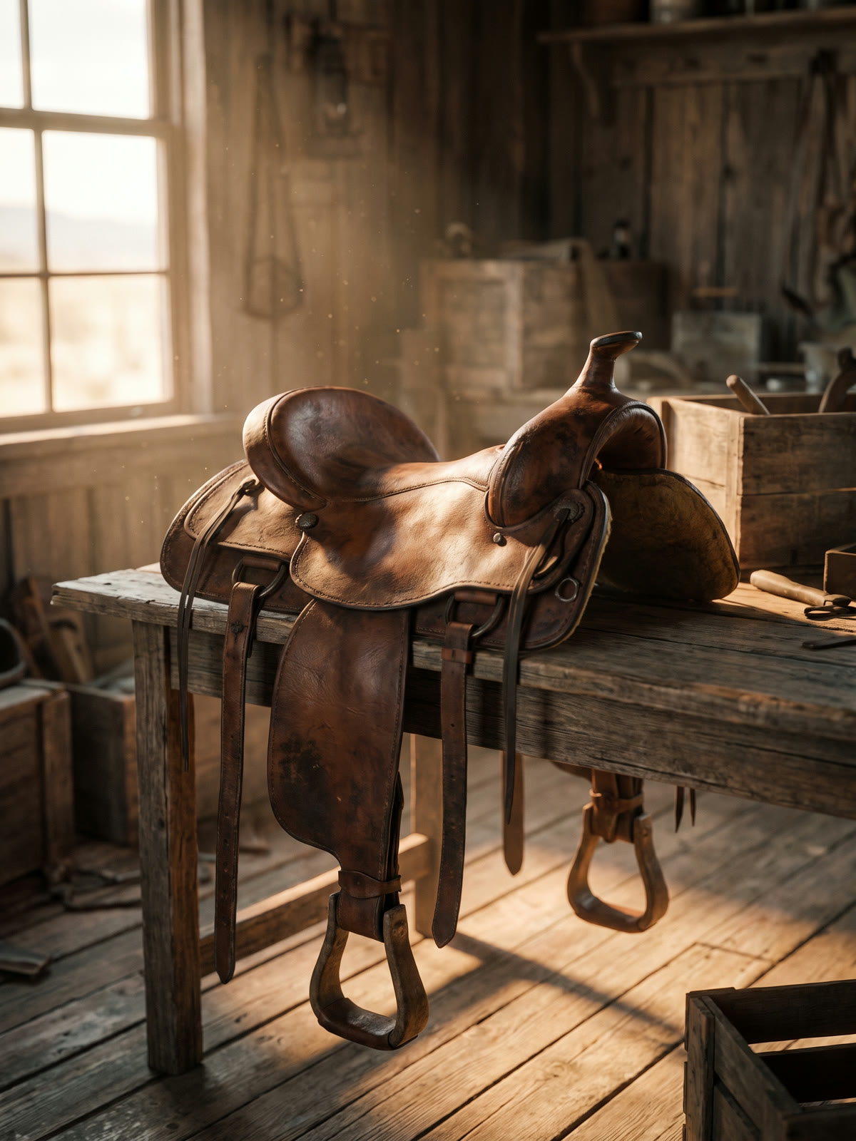 A worn brown leather saddle with hanging stirrups sitting on a wooden bench.
