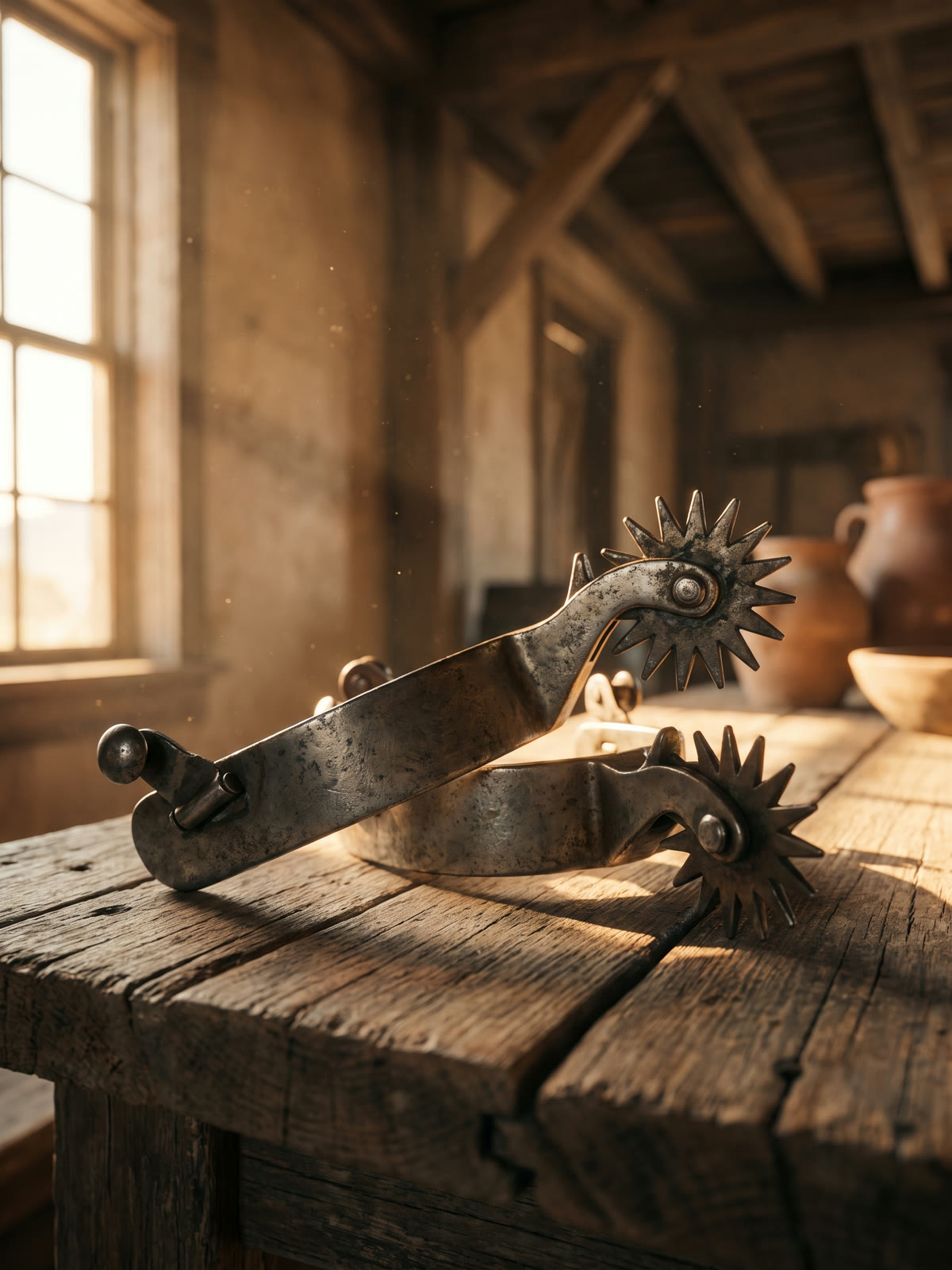 A pair of weathered metal spurs with spiked rowels crossed on a rustic wooden table.