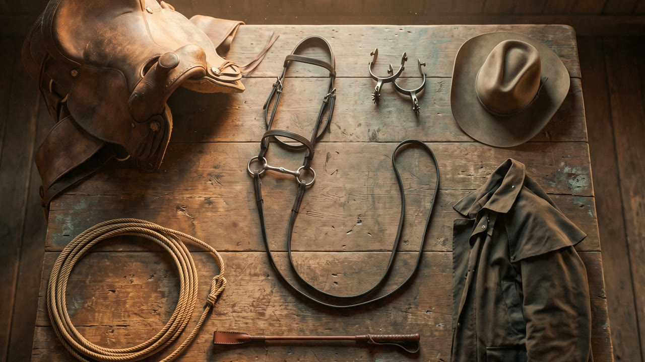 Episode 1, The Gear: an overhead of the tack table with all the gear laid out.