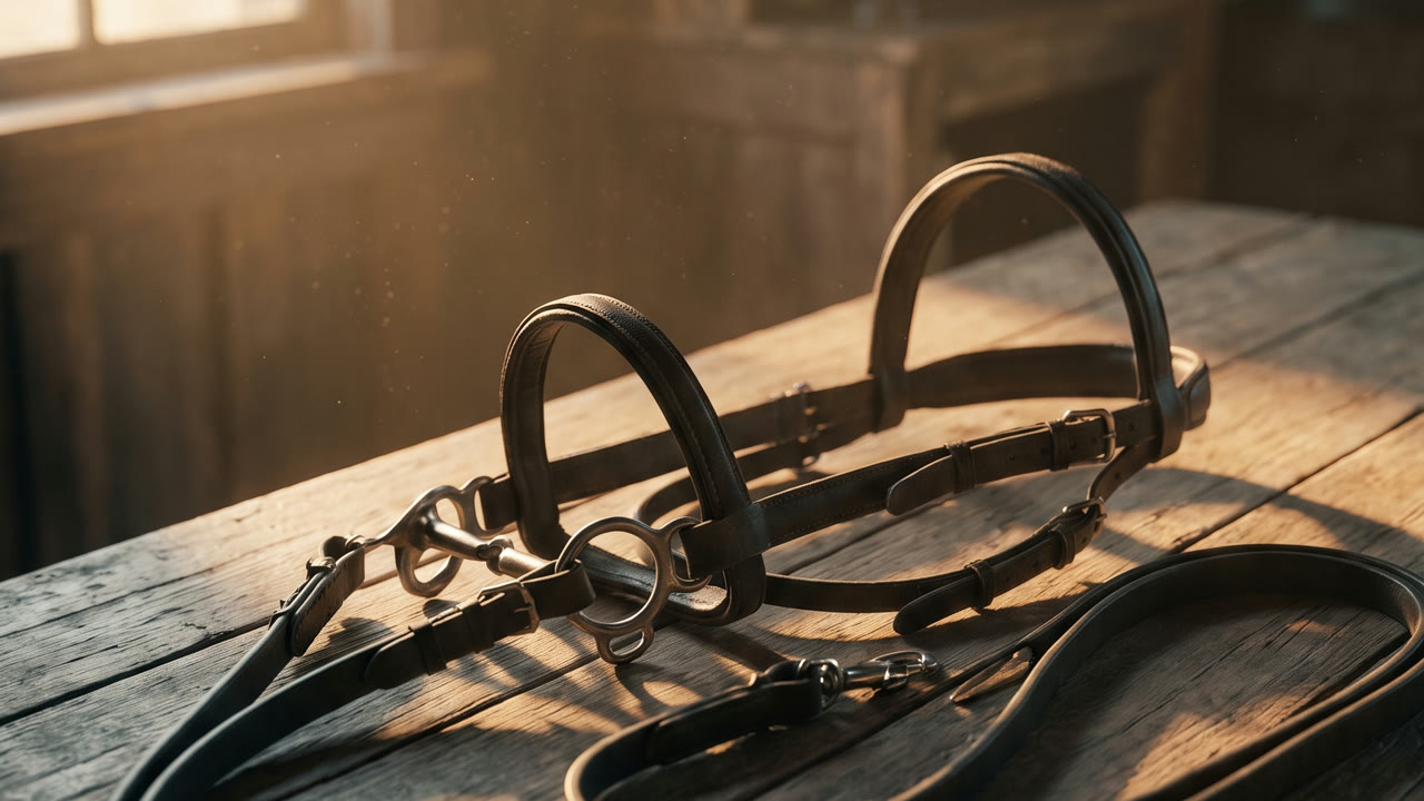 Episode 2, The Bridle: a leather bridle with bit and reins on a sunlit wooden table.