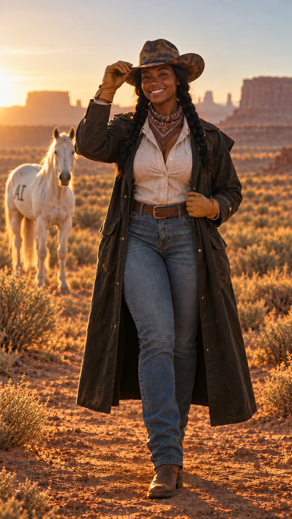 Ada Wright, the Cowgirl, bareback, empty gloved hands, a white horse marked AI far behind her.