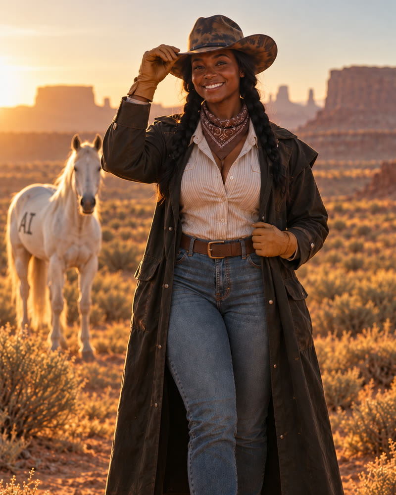 Ada Wright, the Cowgirl, a woman in a dark duster and paisley bandana standing in the desert, empty hands, a white horse marked AI far behind her.