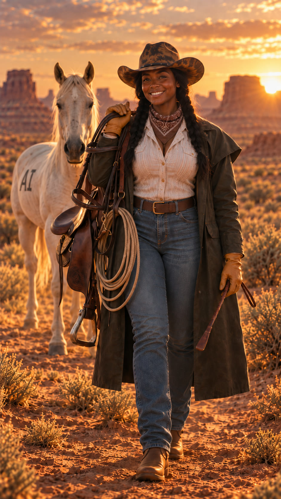 Ada Wright, the Cowgirl, geared up in the desert, a dark duster and paisley bandana, a saddle and bridle over one shoulder, a lasso and riding crop in hand, a white horse marked AI close beside her.