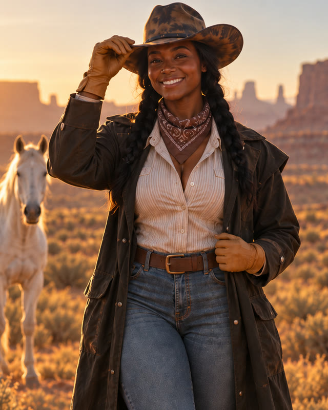 Ada Wright, the Cowgirl, in a dark duster in the desert.