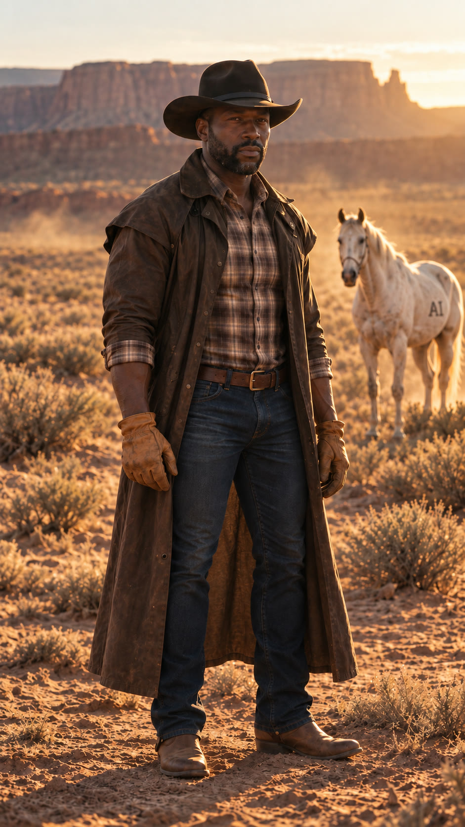 Eli Smith, the QA Kid, bareback, empty gloved hands, a white horse marked AI far behind him.