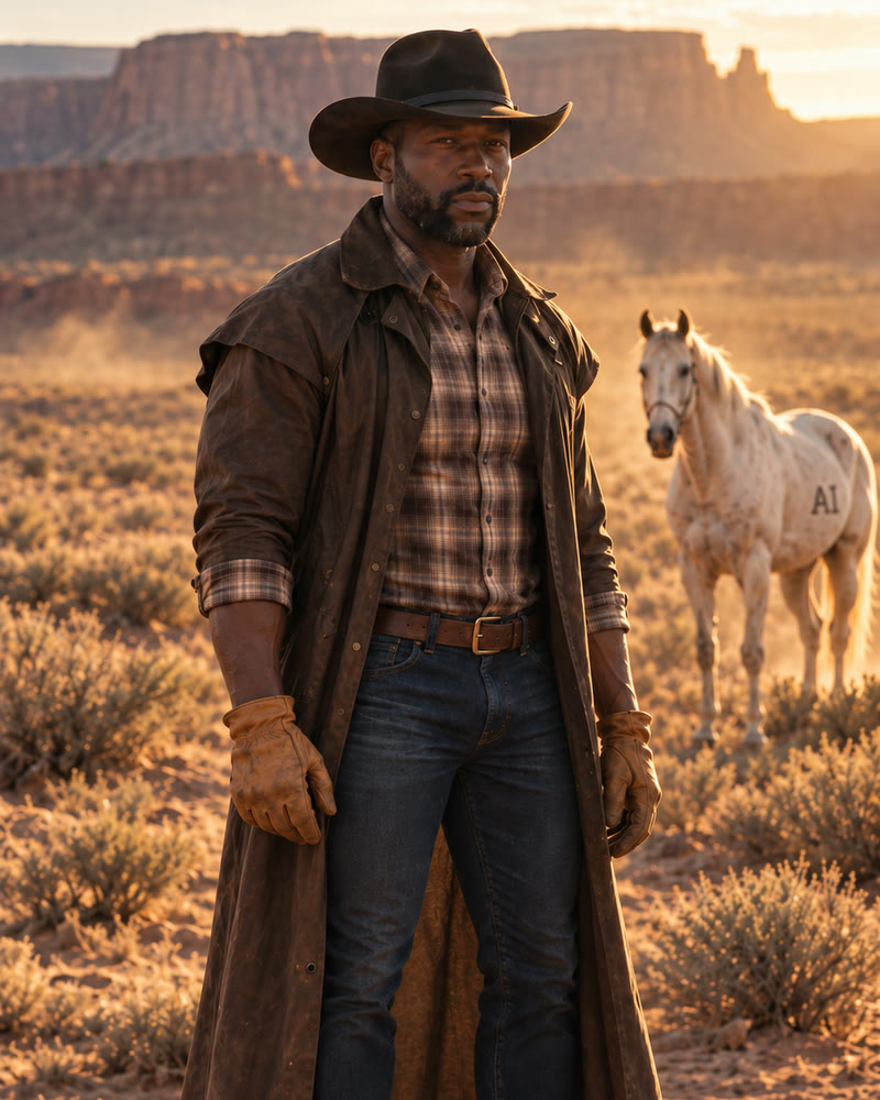 Eli Smith, the QA Kid, a man in a brown duster and cowboy hat standing in the open desert, empty hands, a white horse marked AI far behind him.