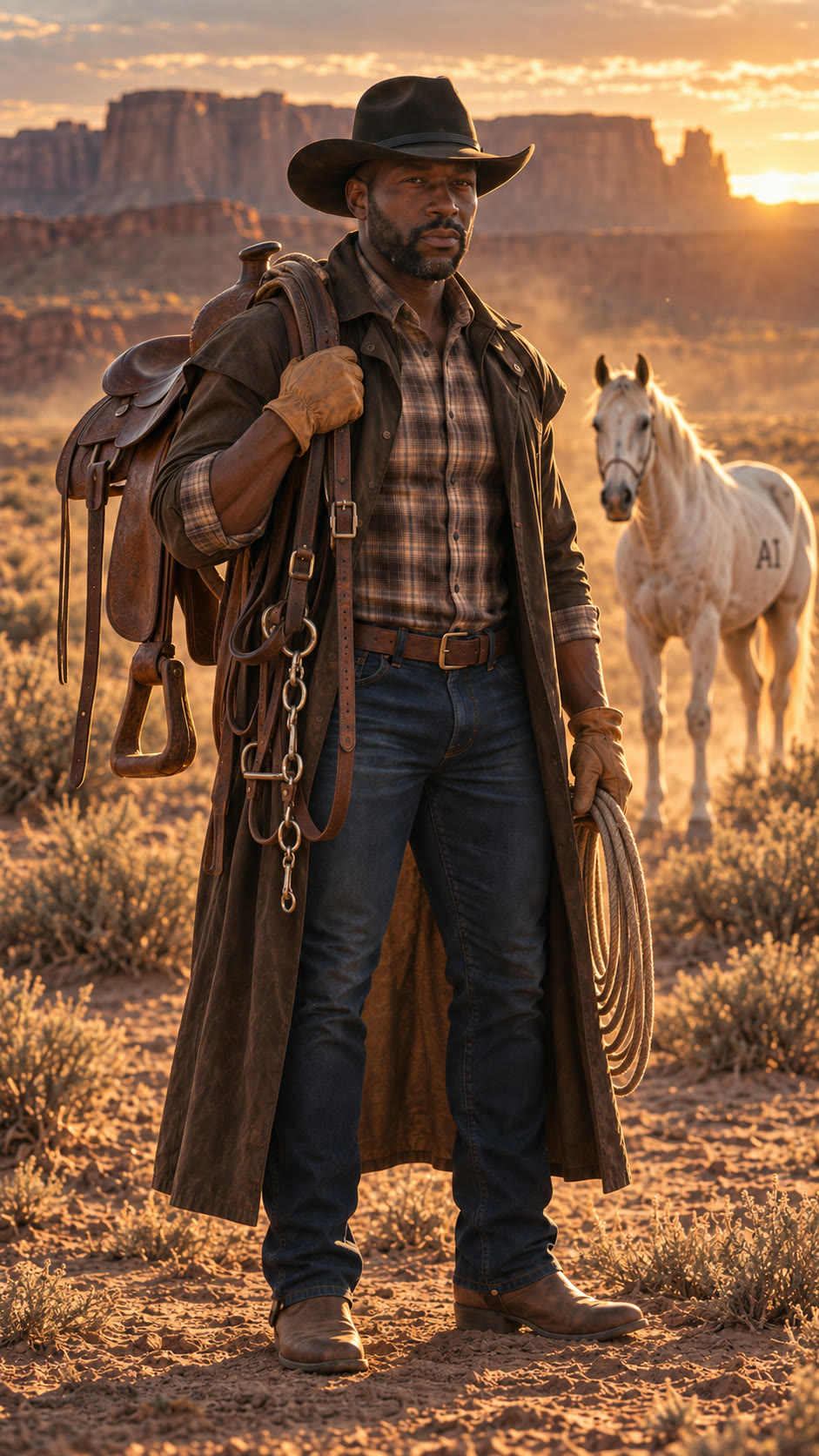 Eli Smith, the QA Kid, geared up in the desert at golden hour, a saddle over one shoulder, a bridle and lasso across his chest, a riding crop in hand, spurs on his boots, a white horse marked AI close behind him.