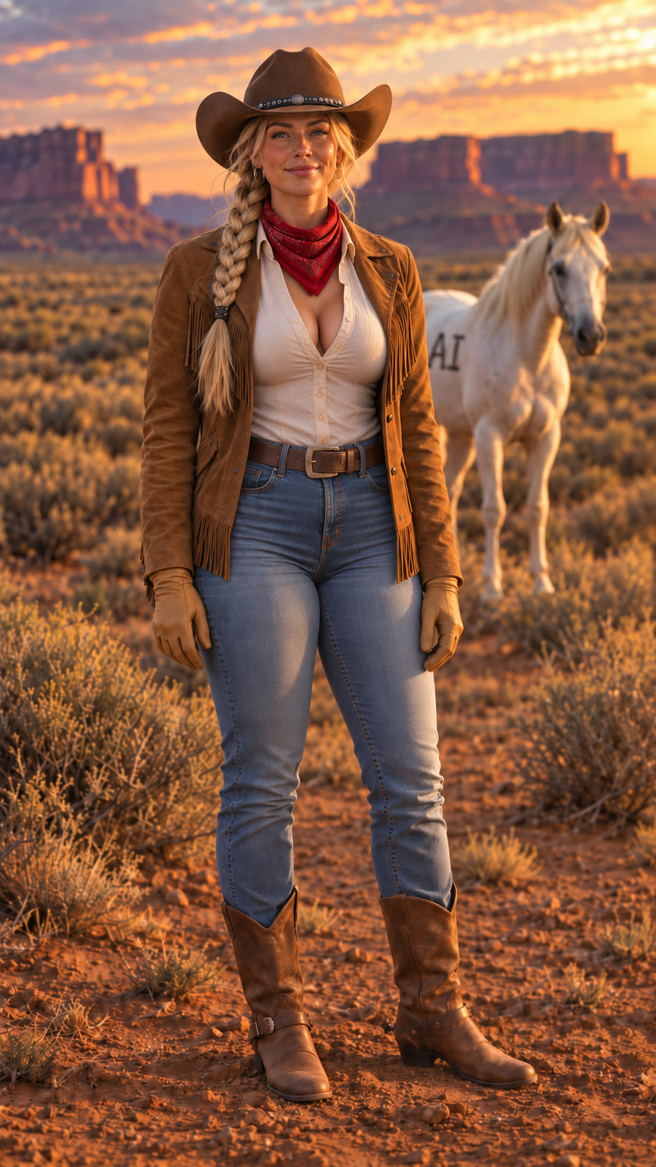 Cassidy Steele, the Rider, bareback, empty gloved hands, a white horse marked AI far behind her.