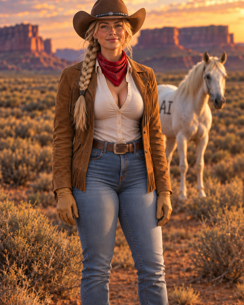 Cassidy Steele, the Rider, a woman in a tan fringe suede jacket and red bandana standing in the desert, empty hands, a white horse marked AI far behind her.