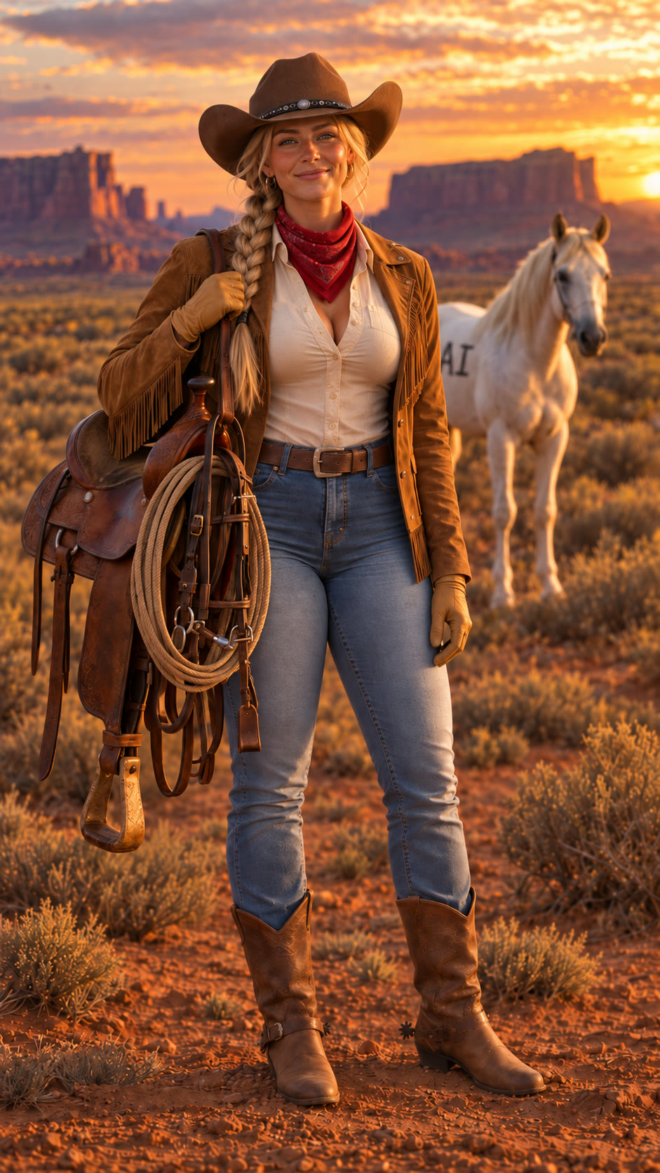 Cassidy Steele, the Rider, geared up in the desert, a tan fringe suede jacket and red bandana, a saddle over one shoulder, a bridle and lasso across her chest, a riding crop in hand, a white horse marked AI close behind her.